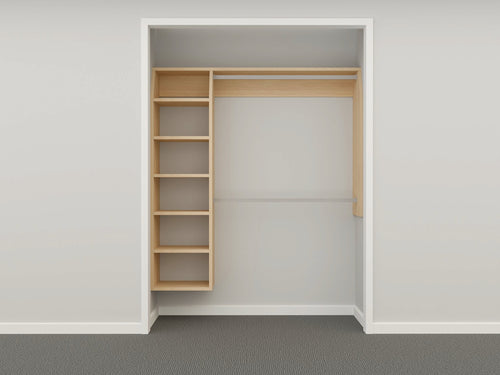 Bosk Core Shelves wardrobe system in [Oak/Grey] — shelf tower with dual hanging sections, 25mm melamine, NZ
