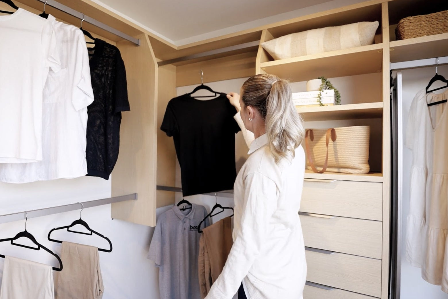 Modular walk-in wardrobe with hanging rails, shelving and drawers — supplied and installed by Bosk, Christchurch
